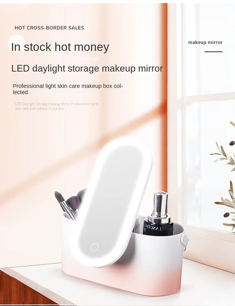 Rechargeable LED Makeup Mirror with Storage Box Portable Folding Rotating Desktop Vanity Mirror for Women Beauty