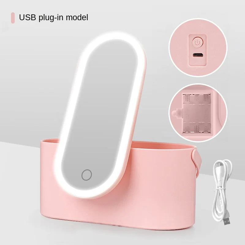 Rechargeable LED Makeup Mirror with Storage Box Portable Folding Rotating Desktop Vanity Mirror for Women Beauty